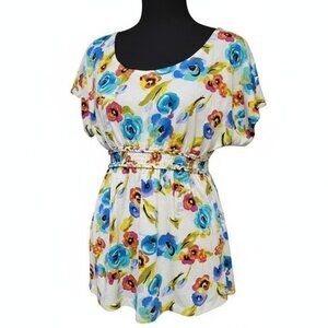 Weavers Floral Babydoll Tunic Blouse Women’s Medium White Smocked Waist